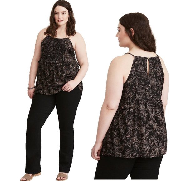 torrid Tops - Torrid Challis Floral Print Smocked High Neck Strappy Babydoll Cami Tank Top 4X